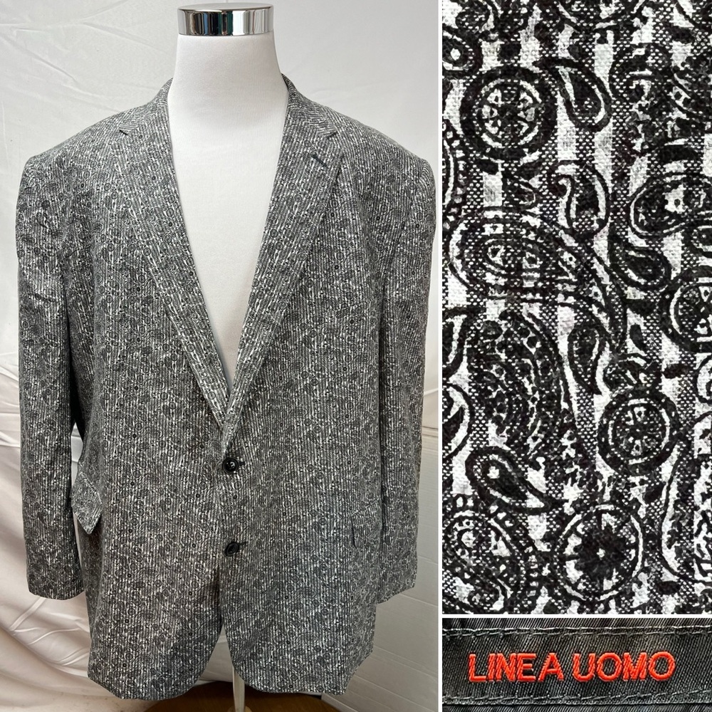 Linea Uomo Men’s 60R Black White Paisley Big Tall Blazer Jacket Sport Coat